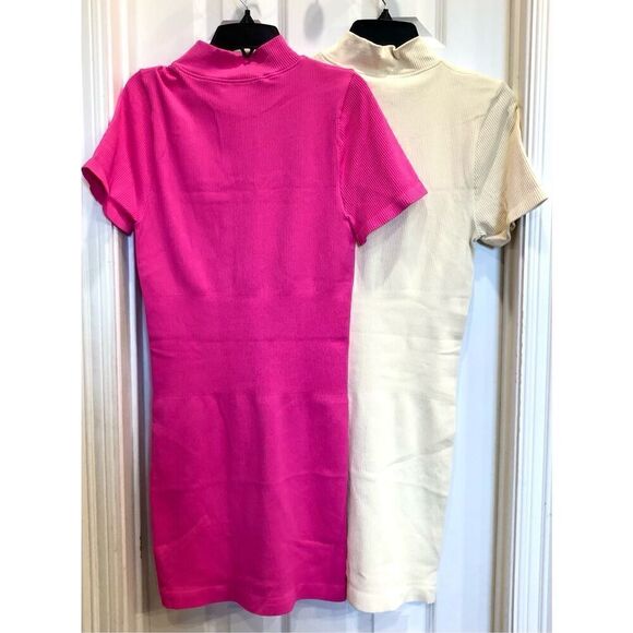 OQQ - 🎉HP🎉 NWT 2-Piece BodyCon Ribbed Zip-Front Short Sleeve Minis/Rose/Cream - Picture 6 of 16